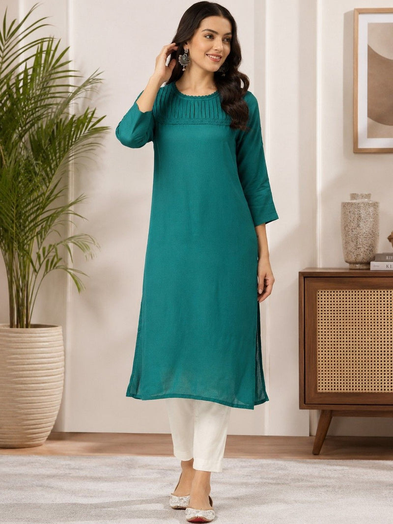 Women's Pure Cotton Teal Green Straight Kurti
